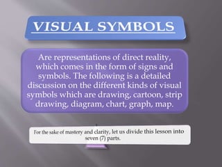 Are representations of direct reality,
which comes in the form of signs and
symbols. The following is a detailed
discussion on the different kinds of visual
symbols which are drawing, cartoon, strip
drawing, diagram, chart, graph, map.
 