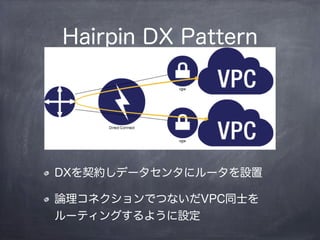 Hairpin DX Pattern
DXを契約しデータセンタにルータを設置
論理コネクションでつないだVPC同士を
ルーティングするように設定
 