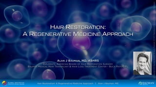 HAIR RESTORATION:
A REGENERATIVE MEDICINE APPROACH
(c)
Copyright
2022
Bauman
Medical.
All
Rights
Reserved.
DO
NOT
Reproduce
or
Distribute
Without
Written
Permission.
Hair Restoration: A Regenerative Medicine Approach | Alan J Bauman, MD
ALAN J BAUMAN, MD, ABHRS
 