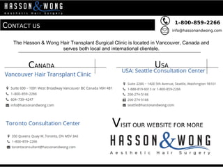 CONTACT US
1–800–859–2266
info@hassonandwong.com
The Hasson & Wong Hair Transplant Surgical Clinic is located in Vancouver, Canada and
serves both local and international clientele.
CANADA USA
VISIT OUR WEBSITE FOR MORE
 