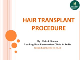 HAIR TRANSPLANT
PROCEDURE
By: Hair & Senses
Leading Hair Restoration Clinic in India
http://hairnsenses.co.in
 