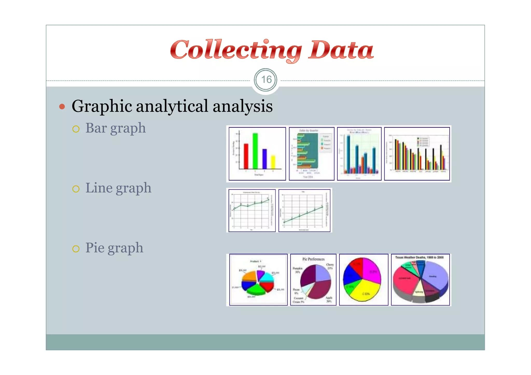 16

 Graphic analytical analysis
 Bar graph



Line graph



Pie graph

 