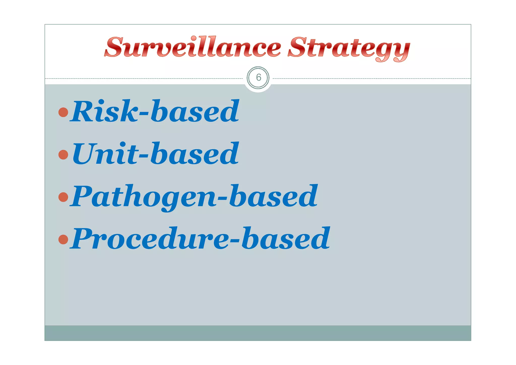 6

Risk-based
Unit-based
Pathogen-based
Procedure-based

 