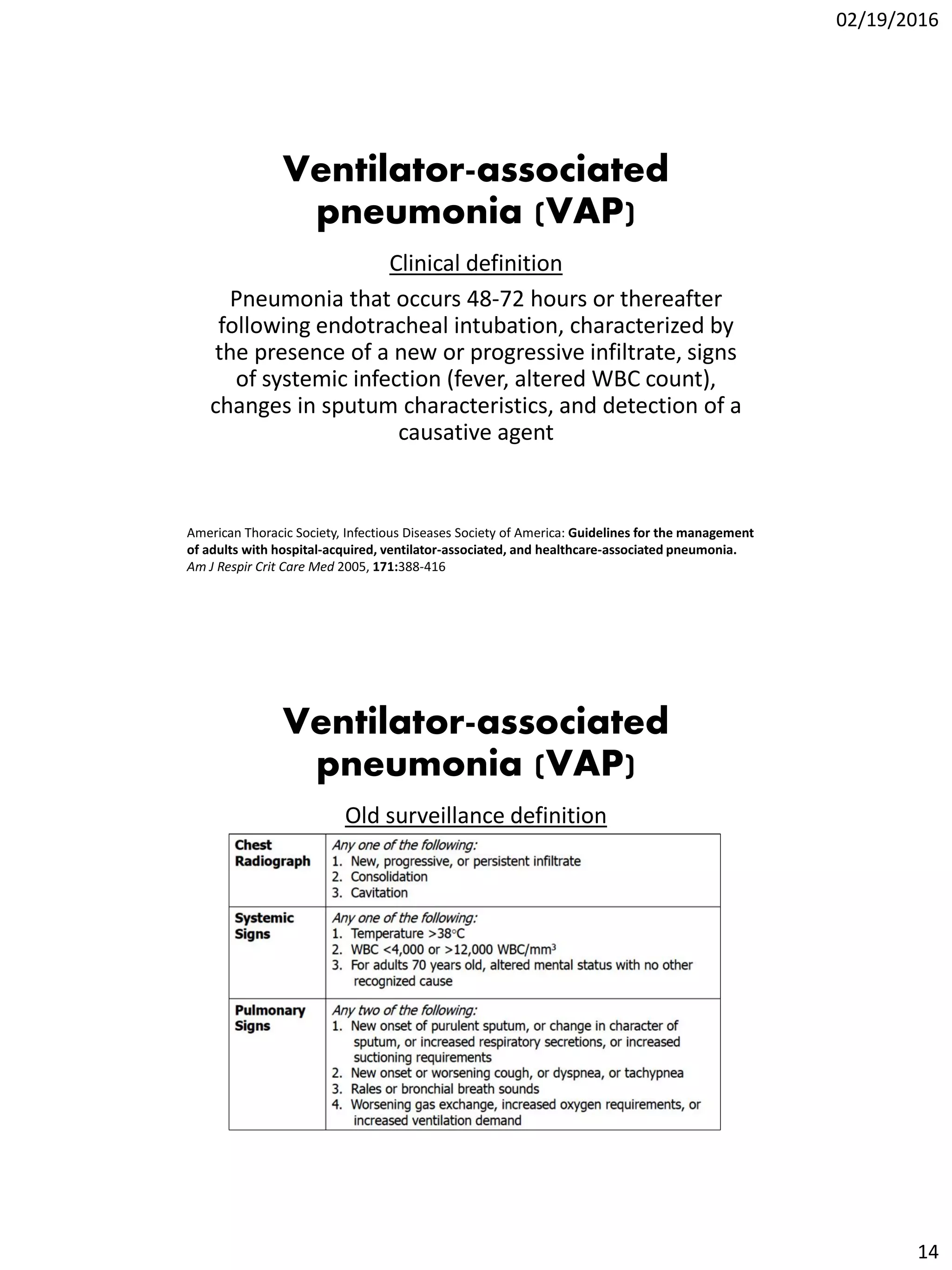 02/19/2016
14
Ventilator-associated
pneumonia (VAP)
Clinical definition
Pneumonia that occurs 48-72 hours or thereafter
following endotracheal intubation, characterized by
the presence of a new or progressive infiltrate, signs
of systemic infection (fever, altered WBC count),
changes in sputum characteristics, and detection of a
causative agent
American Thoracic Society, Infectious Diseases Society of America: Guidelines for the management
of adults with hospital-acquired, ventilator-associated, and healthcare-associated pneumonia.
Am J Respir Crit Care Med 2005, 171:388-416
Ventilator-associated
pneumonia (VAP)
Old surveillance definition
 