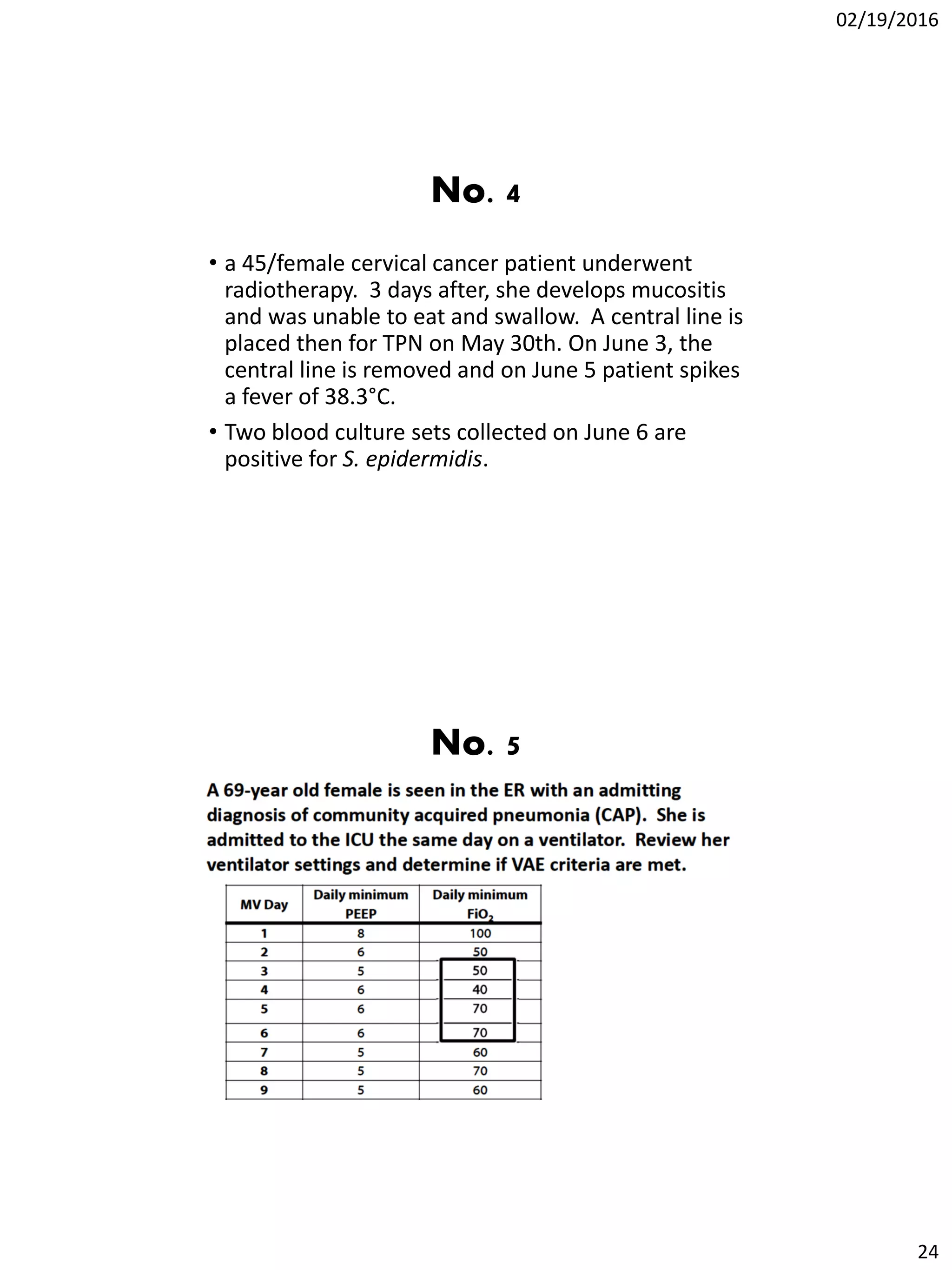 02/19/2016
24
No. 4
• a 45/female cervical cancer patient underwent
radiotherapy. 3 days after, she develops mucositis
and was unable to eat and swallow. A central line is
placed then for TPN on May 30th. On June 3, the
central line is removed and on June 5 patient spikes
a fever of 38.3°C.
• Two blood culture sets collected on June 6 are
positive for S. epidermidis.
No. 5
 
