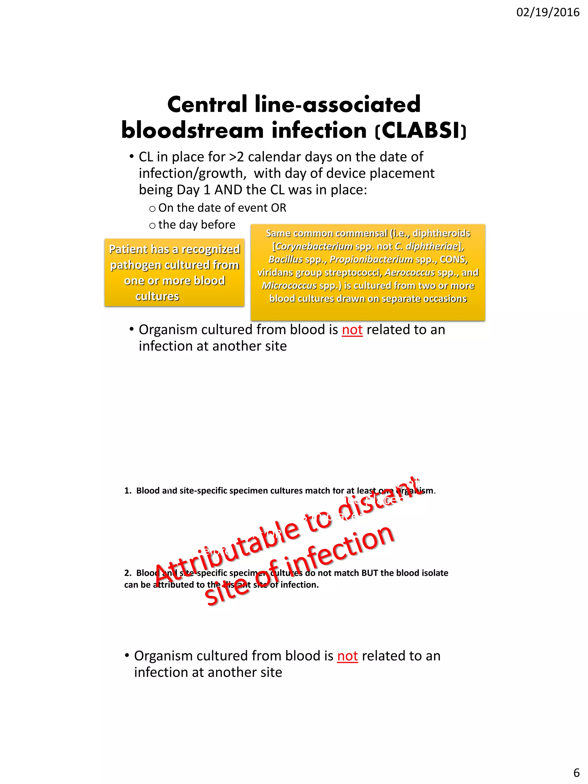 02/19/2016
6
Central line-associated
bloodstream infection (CLABSI)
• CL in place for >2 calendar days on the date of
infection/growth, with day of device placement
being Day 1 AND the CL was in place:
oOn the date of event OR
othe day before
• Organism cultured from blood is not related to an
infection at another site
Same common commensal (i.e., diphtheroids
[Corynebacterium spp. not C. diphtheriae],
Bacillus spp., Propionibacterium spp., CONS,
viridans group streptococci, Aerococcus spp., and
Micrococcus spp.) is cultured from two or more
blood cultures drawn on separate occasions
Patient has a recognized
pathogen cultured from
one or more blood
cultures
1. Blood and site-specific specimen cultures match for at least one organism.
Ex: Patient with symptomatic UTI (suprapubic tenderness and >105 CFU/ml of E. coli)
and blood culture collected grows E. coli and P. aeruginosa. This is an HAI SUTI with a
secondary BSI and the reported organisms are E. coli and P. aeruginosa, since both
site and blood culture are positive for at least one matching pathogen.
2. Blood and site-specific specimen cultures do not match BUT the blood isolate
can be attributed to the distant site of infection.
Ex1: Post-op patient becomes develops fever and abdominal pain. Blood and an
aseptically-obtained T-tube drainage specimen are collected for culture. A CT scan
done that day shows fluid collection suggestive of infection. Culture results show E.
coli from the T-tube drainage specimen and blood grows Bacteroides fragilis.
Ex2: Patient has new-onset fever, cough and new infiltrates on CXR. Blood and BAL
cultures are collected. Culture results show Klebsiella pneumoniae > 104 cfu/ml from
the BAL and Pseudomonas aeruginosa from the blood.
• CL in place for >2 calendar days on the date of
infection/growth, with day of device placement
being Day 1 AND the CL was in place:
oOn the date of event OR
othe day before
• Organism cultured from blood is not related to an
infection at another site
 