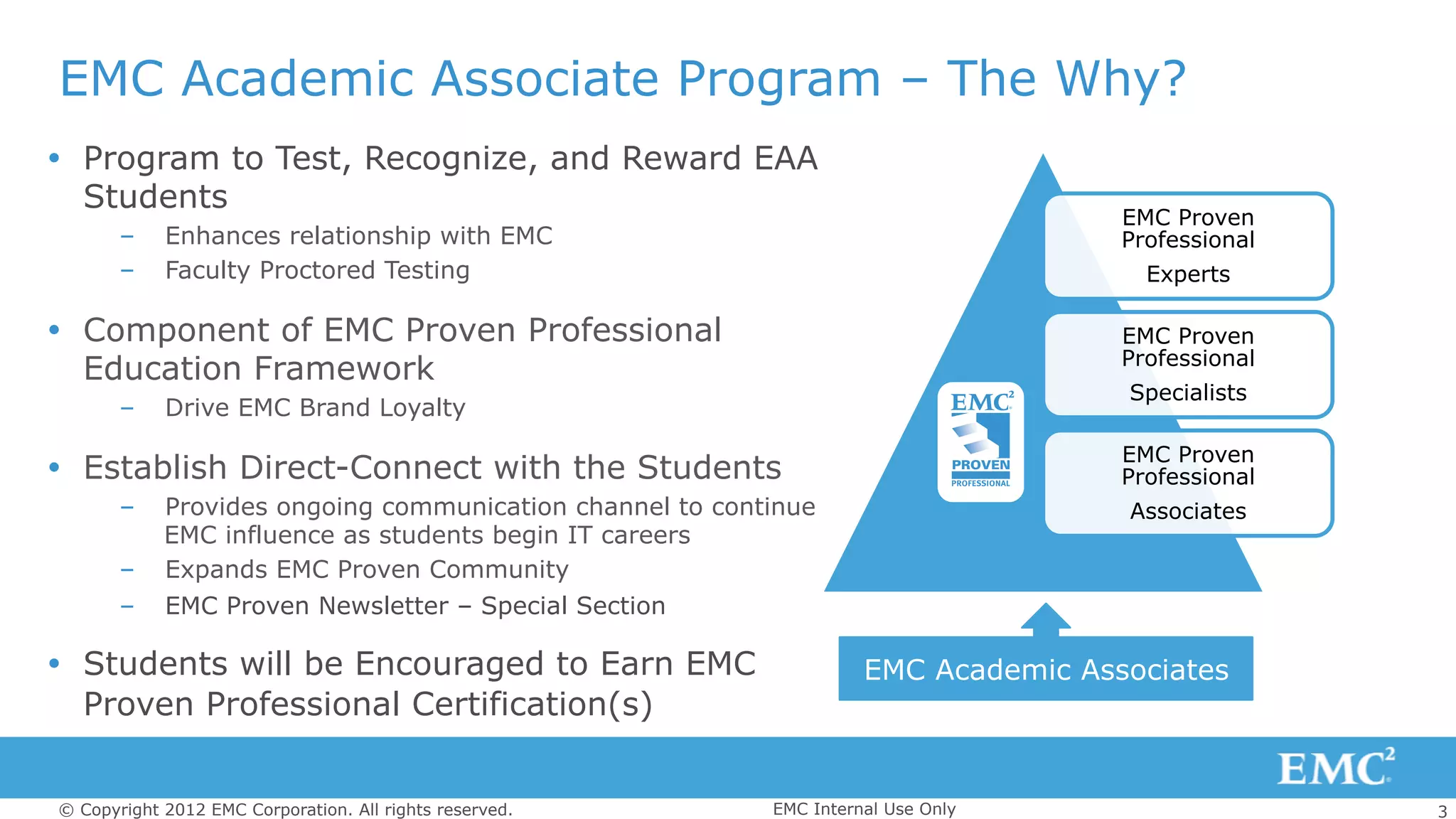 3© Copyright 2012 EMC Corporation. All rights reserved.
EMC Academic Associate Program – The Why?
Ÿ  Program to Test, Recognize, and Reward EAA
Students
–  Enhances relationship with EMC
–  Faculty Proctored Testing
Ÿ  Component of EMC Proven Professional
Education Framework
–  Drive EMC Brand Loyalty
Ÿ  Establish Direct-Connect with the Students
–  Provides ongoing communication channel to continue
EMC influence as students begin IT careers
–  Expands EMC Proven Community
–  EMC Proven Newsletter – Special Section
Ÿ  Students will be Encouraged to Earn EMC
Proven Professional Certification(s)
EMC Proven
Professional
Experts
EMC Proven
Professional
Specialists
EMC Proven
Professional
Associates
EMC Academic Associates
EMC Internal Use Only
 