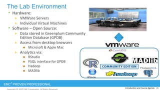 EMC
2
PROVEN PROFESSIONAL
The Lab Environment
•  Hardware:	
  
!  VMWare	
  Servers	
  	
  
!  Individual	
  Virtual	
  Machines	
  
•  Sohware	
  –	
  Open	
  Source:	
  
!  Data	
  stored	
  in	
  Greenplum	
  Community	
  
Edi:on	
  Database	
  (GPDB)	
  
!  Access	
  from	
  desktop	
  browsers	
  
"  Microsoh	
  &	
  Apple	
  Mac	
  
!  Analy:cs	
  via:	
  
"  RStudio	
  
"  PSQL	
  interface	
  for	
  GPDB	
  
"  Hadoop	
  
"  MADlib	
  
Introduc:on	
  and	
  Course	
  Agenda	
  	
  	
  26	
  
RStudio
 