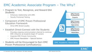 3© Copyright 2012 EMC Corporation. All rights reserved.
EMC Academic Associate Program – The Why?
Ÿ  Program to Test, Recognize, and Reward EAA
Students
–  Enhances relationship with EMC
–  Faculty Proctored Testing
Ÿ  Component of EMC Proven Professional
Education Framework
–  Drive EMC Brand Loyalty
Ÿ  Establish Direct-Connect with the Students
–  Provides ongoing communication channel to continue
EMC influence as students begin IT careers
–  Expands EMC Proven Community
–  EMC Proven Newsletter – Special Section
Ÿ  Students will be Encouraged to Earn EMC
Proven Professional Certification(s)
EMC Proven
Professional
Experts
EMC Proven
Professional
Specialists
EMC Proven
Professional
Associates
EMC Academic Associates
EMC Internal Use Only
 