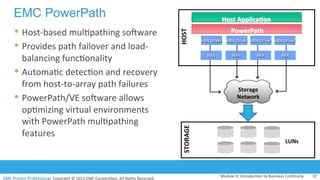 EMC	
  Proven	
  Professional.	
  Copyright	
  ©	
  2012	
  EMC	
  Corpora:on.	
  All	
  Rights	
  Reserved.	
  
Ÿ Host-­‐based	
  mul:pathing	
  sohware	
  
Ÿ Provides	
  path	
  failover	
  and	
  load-­‐
balancing	
  func:onality	
  
Ÿ Automa:c	
  detec:on	
  and	
  recovery	
  
from	
  host-­‐to-­‐array	
  path	
  failures	
  
Ÿ PowerPath/VE	
  sohware	
  allows	
  
op:mizing	
  virtual	
  environments	
  
with	
  PowerPath	
  mul:pathing	
  
features	
  
EMC PowerPath
HOST	
  STORAGE	
  
HBA	
   HBA	
  HBA	
   HBA	
  
PowerPath	
  
Host	
  Applica(on	
  	
  
HBA	
  Driver	
  HBA	
  Driver	
  HBA	
  Driver	
  HBA	
  Driver	
  
Storage	
  	
  	
  
Network	
  
LUNs	
  
Module	
  9:	
  Introduc:on	
  to	
  Business	
  Con:nuity	
   37	
  
 