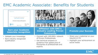 7© Copyright 2012 EMC Corporation. All rights reserved.
EMC Academic Associate: Benefits for Students
•  Share your credential on your
resume or CV
•  Highlight your achievement on
social media
•  Validate your knowledge
•  Earn industry recognized
qualification
•  Connect with 100,000+ network
of Proven Professionals
•  Get technical answers or
guidance from global pool of
thousands of professionals and
experts
Affiliation with EMC’s
Industry Leading Proven
Community
Promote your Success
Earn your Academic
Associate recognition
 