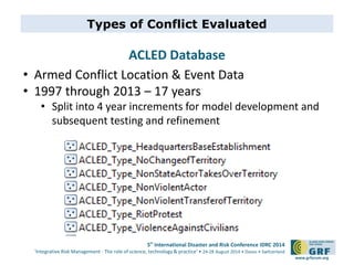 Types of Conflict Evaluated 
5th International Disaster and Risk Conference IDRC 2014 
‘Integrative Risk Management - The role of science, technology & practice‘ • 24-28 August 2014 • Davos • Switzerland 
www.grforum.org 
ACLED Database 
• Armed Conflict Location & Event Data 
• 1997 through 2013 – 17 years 
• Split into 4 year increments for model development and 
subsequent testing and refinement 
 