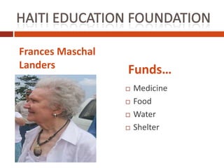 Frances Maschal
Landers           Funds…
                     Medicine
                     Food
                     Water
                     Shelter
 