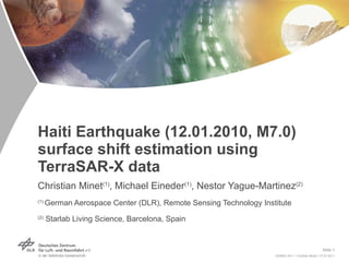 Haiti Earthquake (12.01.2010, M7.0) surface shift estimation using TerraSAR-X data Christian Minet (1) , Michael Eineder (1) , Nestor Yague-Martinez (2) (1)  German Aerospace Center (DLR), Remote Sensing Technology Institute (2)  Starlab Living Science, Barcelona, Spain 