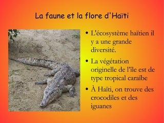 La faune et la flore d'Haïti L'écosystème haïtien il y a une grande diversité. La végétation originelle de l’île est de type tropical caraïbe À Haïti, on trouve des crocodiles et des iguanes 