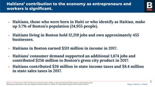 Mayor Martin J. Walsh
Haitians’ contribution to the economy as entrepreneurs and
workers is significant.
2
 Haitians, those who were born in Haiti or who identify as Haitian, make
up 3.7% of Boston’s population (24,955 people).
 Haitians living in Boston hold 12,219 jobs and own approximately 455
businesses.
 Haitians in Boston earned $511 million in income in 2017.
 Haitians’ consumer demand supported an additional 1,674 jobs and
contributed $256 million to Boston’s gross city product in 2017.
 Haitians contributed $26 million in state income taxes and $8.4 million
in state sales taxes in 2017.
Source: U.S. Census Bureau, 2013-2017 American Community Survey, Public Use Microdata Sample (PUMS), Bureau of Labor Statistics (BLS),
Massachusetts Department of Revenue, Regional Economic Models, Inc. (REMI), PI+ Massachusetts Regions, BPDA Research Division.
 