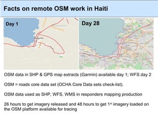 Facts on remote OSM work in Haiti

Day 1                                  Day 28




OSM data in SHP & GPS map extracts (Garmin) available day 1; WFS day 2

OSM = roads core data set (OCHA Core Data sets check-list).

OSM data used as SHP, WFS, WMS in responders mapping production

26 hours to get imagery released and 48 hours to get 1st imagery loaded on
the OSM platform available for tracing
 