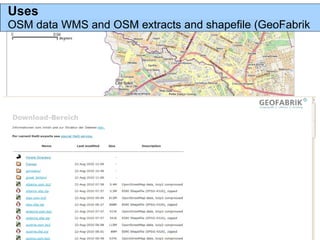 Uses
OSM data WMS and OSM extracts and shapefile (GeoFabrik
 