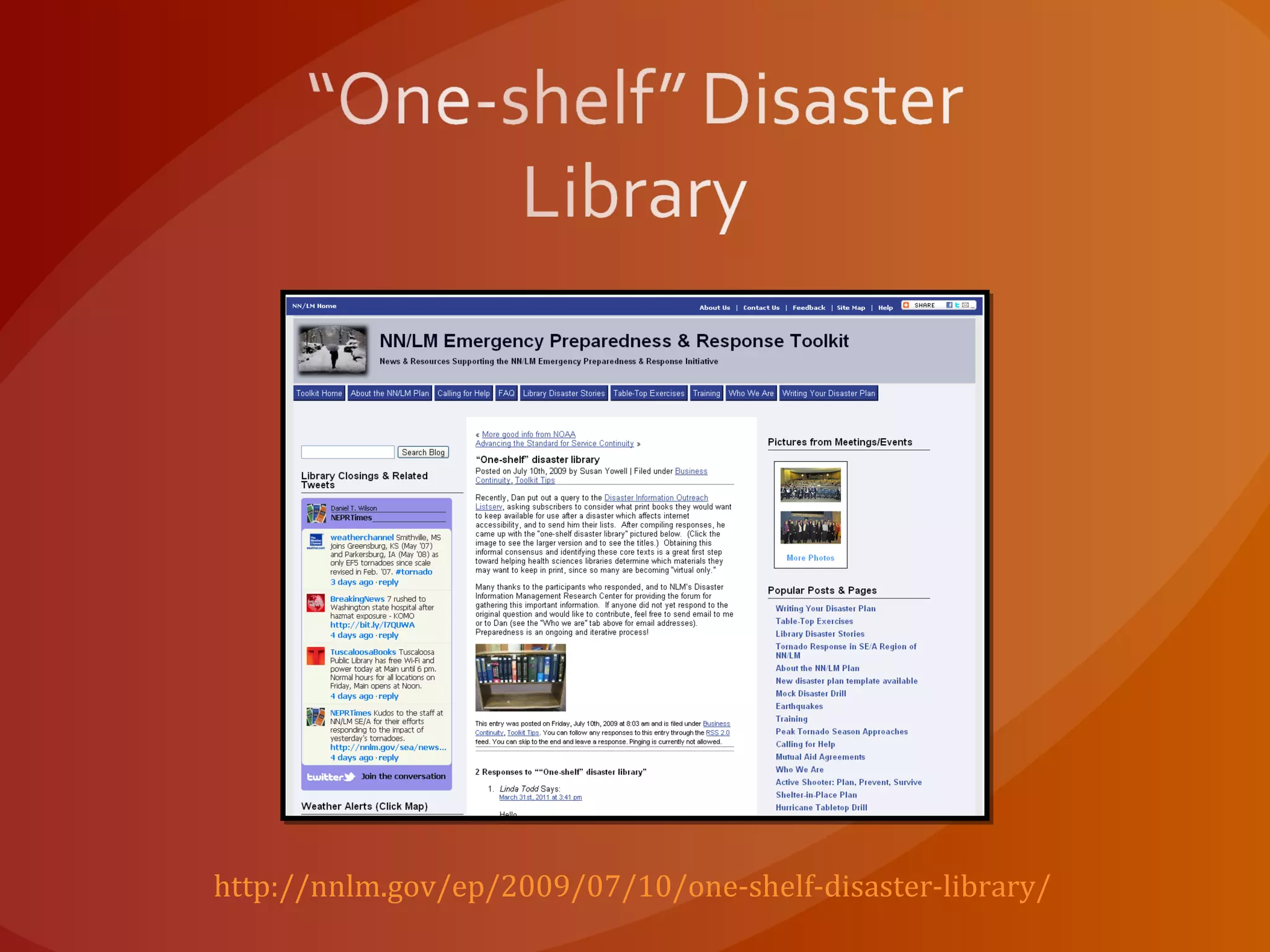 http://nnlm.gov/ep/2009/07/10/one-shelf-disaster-library/