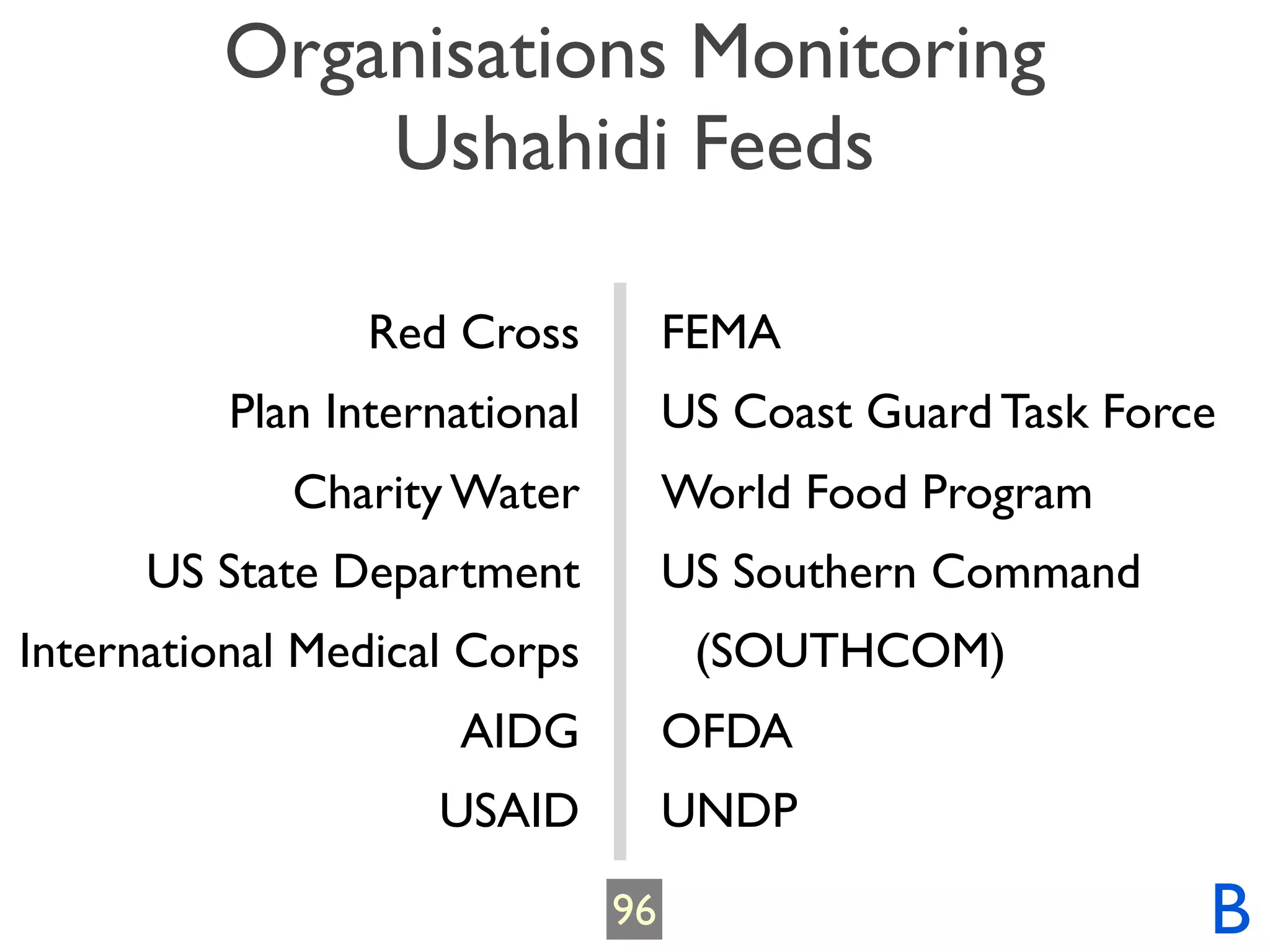 Organisations Monitoring
             Ushahidi Feeds

                 Red Cross          FEMA
          Plan International        US Coast Guard Task Force
             Charity Water          World Food Program
      US State Department           US Southern Command
International Medical Corps          (SOUTHCOM)
                     AIDG           OFDA
                    USAID           UNDP
                               96                           B
 
