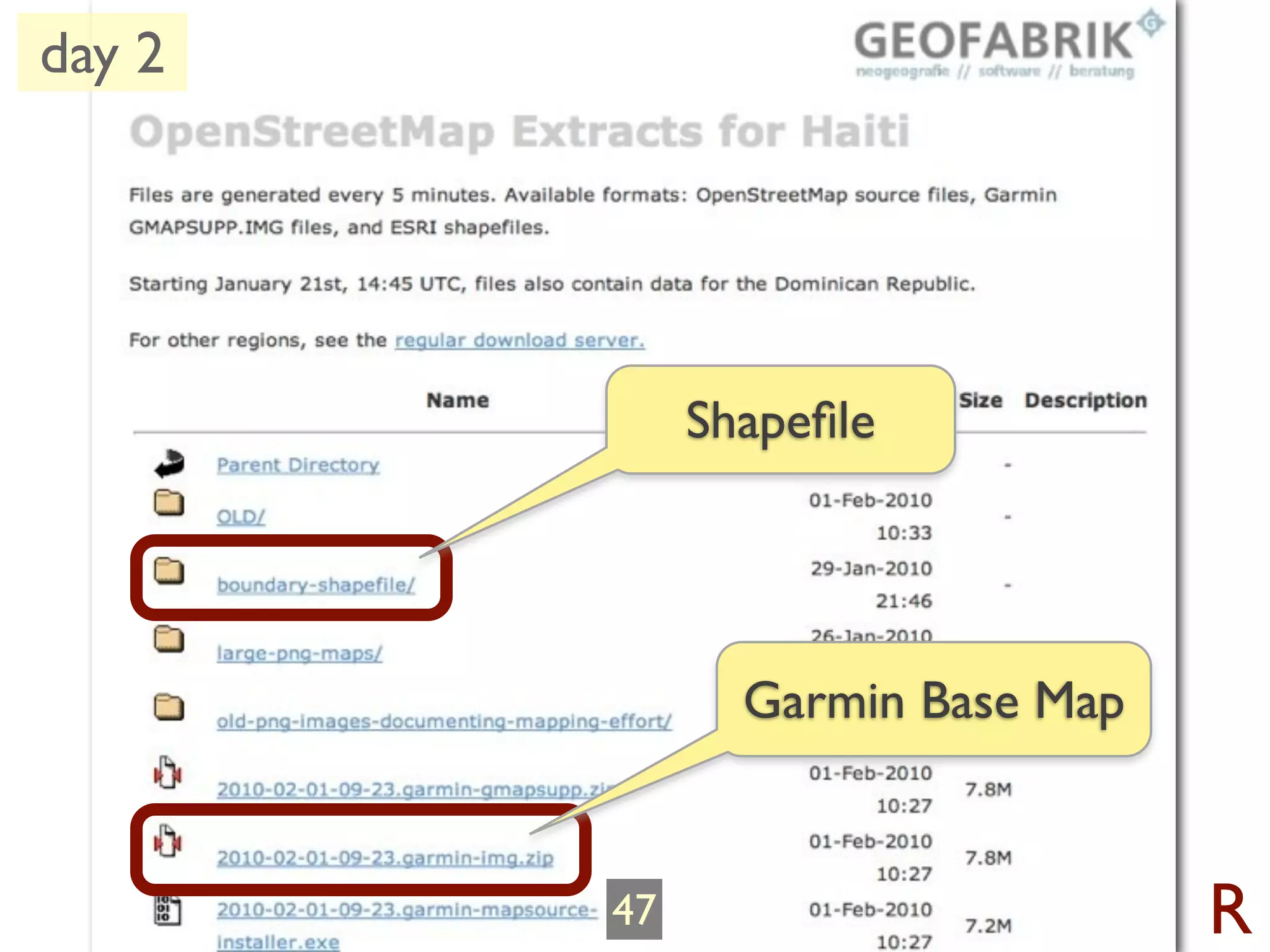day 2




             Shapeﬁle




               Garmin Base Map


        47                       R
 