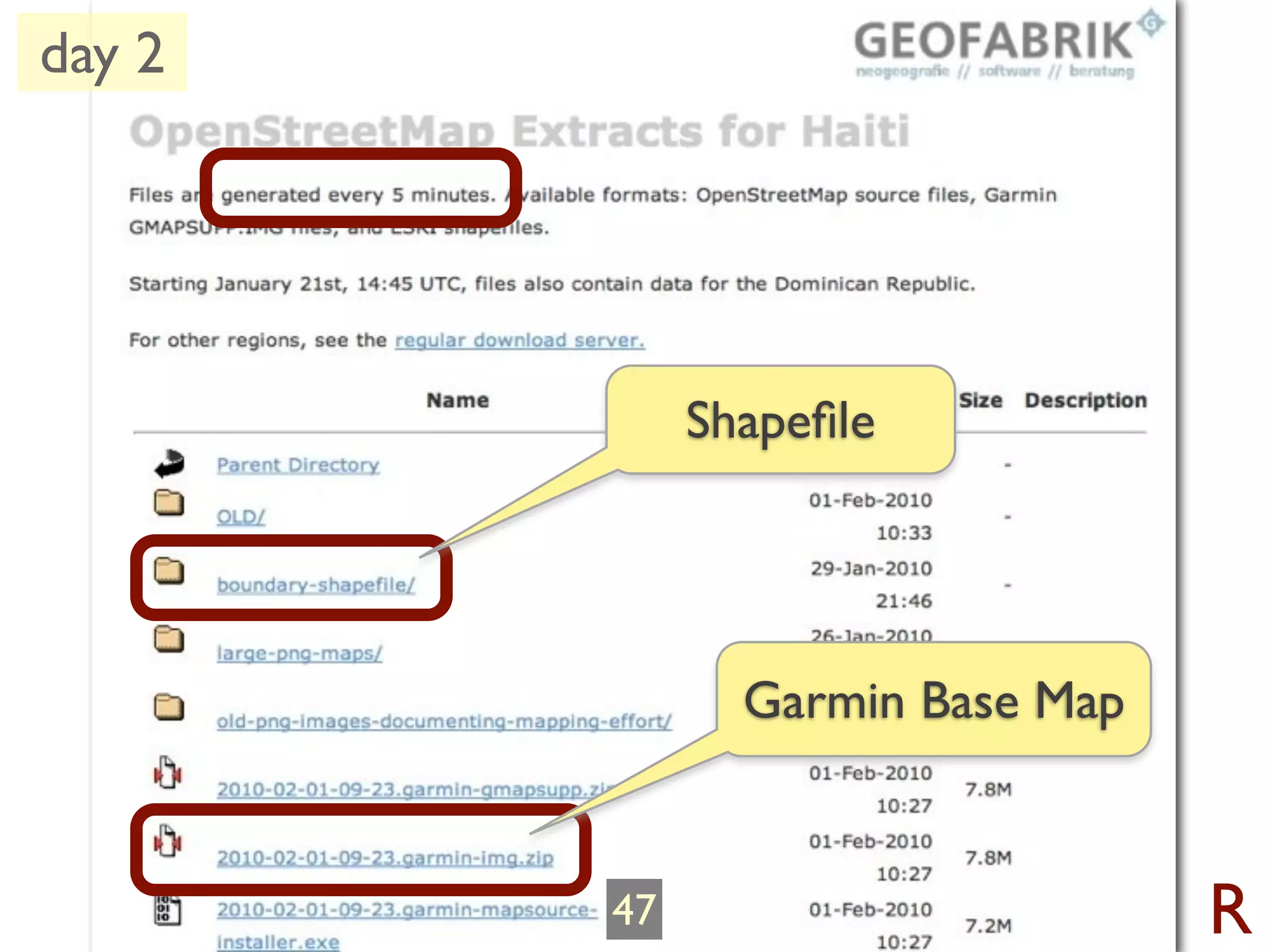 day 2




             Shapeﬁle




               Garmin Base Map


        47                       R
 