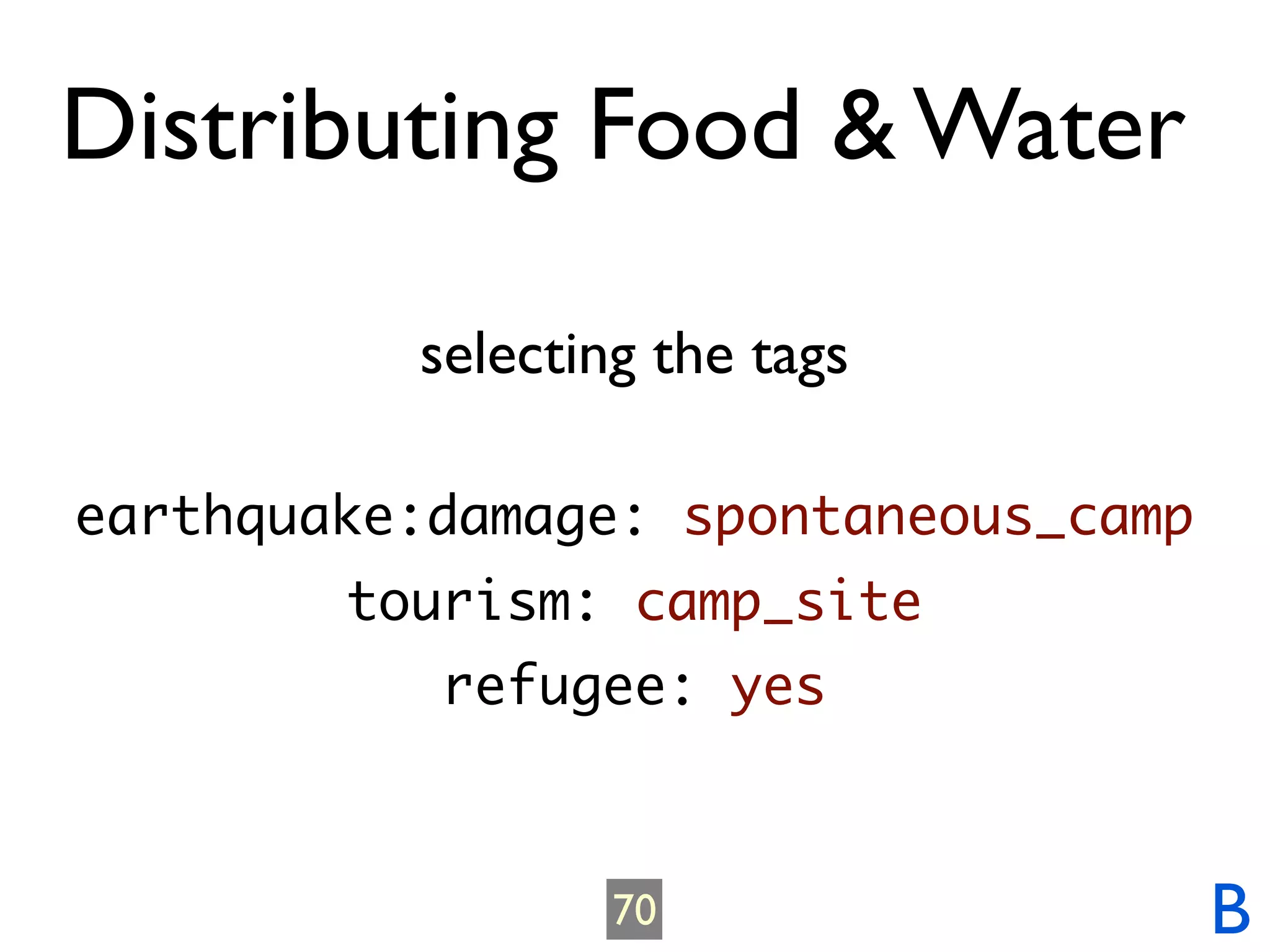 Distributing Food & Water

          selecting the tags

earthquake:damage: spontaneous_camp
        tourism: camp_site
           refugee: yes



                  70                  B
 