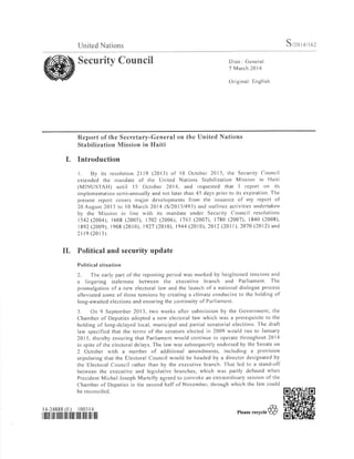 REPORT OF THE SECRETARY GENERAL ON THE UNITED NATIONS STABILIZATION MISSION IN HAITI, MARCH 2014