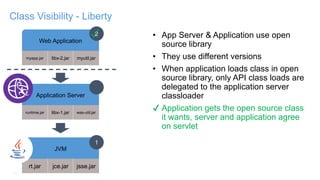13
Class Visibility - Liberty
JVM
rt.jar jce.jar jsse.jar
Application Server
runtime.jar libx-1.jar was-util.jar
Web Application
myapp.jar libx-2.jar myutil.jar
1
2✓ • App Server & Application use open
source library
• They use different versions
• When application loads class in open
source library, only API class loads are
delegated to the application server
classloader
✔ Application gets the open source class
it wants, server and application agree
on servlet
 