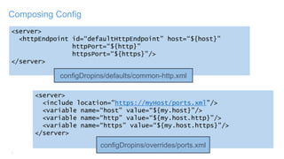 8
Composing Config
<server>
<httpEndpoint id=“defaultHttpEndpoint” host=“${host}”
httpPort=“${http}”
httpsPort=“${https}”/>
</server>
configDropins/defaults/common-http.xml
<server>
<include location="https://myHost/ports.xml”/>
<variable name=“host” value=“${my.host}”/>
<variable name=“http” value=“${my.host.http}”/>
<variable name=“https” value=“${my.host.https}”/>
</server>
configDropins/overrides/ports.xml
 