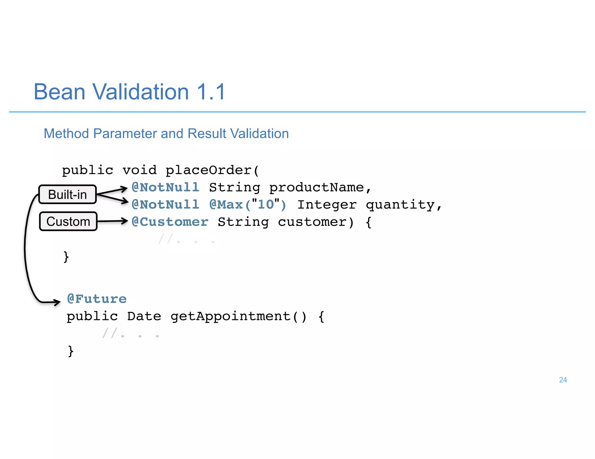 Built-in
Custom
@Future
public Date getAppointment() {
//. . .
}
public void placeOrder(
@NotNull String productName,
@NotNull @Max("10") Integer quantity,
@Customer String customer) {
//. . .
}
Bean Validation 1.1
Method Parameter and Result Validation
24
 
