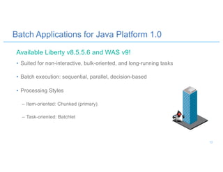 Batch Applications for Java Platform 1.0
• Suited for non-interactive, bulk-oriented, and long-running tasks
• Batch execution: sequential, parallel, decision-based
• Processing Styles
– Item-oriented: Chunked (primary)
– Task-oriented: Batchlet
Available Liberty v8.5.5.6 and WAS v9!
12
 