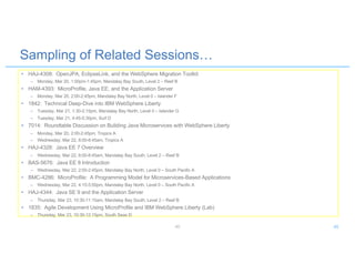 Sampling of Related Sessions…
• HAJ-4308: OpenJPA, EclipseLink, and the WebSphere Migration Toolkit
– Monday, Mar 20, 1:00pm-1:45pm, Mandalay Bay South, Level 2 – Reef B
• HAM-4393: MicroProfile, Java EE, and the Application Server
– Monday, Mar 20, 2:00-2:45pm, Mandalay Bay North, Level 0 – Islander F
• 1842: Technical Deep-Dive into IBM WebSphere Liberty
– Tuesday, Mar 21, 1:30-2:15pm, Mandalay Bay North, Level 0 – Islander G
– Tuesday, Mar 21, 4:45-5:30pm, Surf D
• 7014: Roundtable Discussion on Building Java Microservices with WebSphere Liberty
– Monday, Mar 20, 2:00-2:45pm, Tropics A
– Wednesday, Mar 22, 8:00-8:45am, Tropics A
• HAJ-4328: Java EE 7 Overview
– Wednesday, Mar 22, 8:00-8:45am, Mandalay Bay South, Level 2 – Reef B
• BAS-5676: Java EE 8 Introduction
– Wednesday, Mar 22, 2:00-2:45pm, Mandalay Bay North, Level 0 – South Pacific A
• BMC-4286: MicroProfile: A Programming Model for Microservices-Based Applications
– Wednesday, Mar 22, 4:15-5:00pm, Mandalay Bay North, Level 0 – South Pacific A
• HAJ-4344: Java SE 9 and the Application Server
– Thursday, Mar 23, 10:30-11:15am, Mandalay Bay South, Level 2 – Reef B
• 1835: Agile Development Using MicroProfile and IBM WebSphere Liberty (Lab)
– Thursday, Mar 23, 10:30-12:15pm, South Seas D
45 45
 