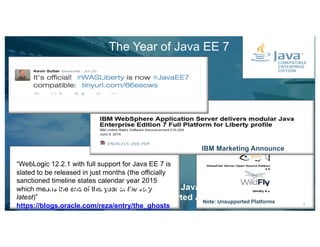 The Year of Java EE 7
Note: Unsupported Platforms
Note: Unsupported platforms“WebLogic 12.2.1 with full support for Java EE 7 is
slated to be released in just months (the officially
sanctioned timeline states calendar year 2015
which means the end of this year at the very
latest)”
https://blogs.oracle.com/reza/entry/the_ghosts
_of_java_ee, 8 June 2015
IBM Marketing Announce
WAS V8.0 – First fully-supported Java EE 6 Server
WAS V8.5.5.6 – First fully-supported Java EE 7 Server
4
 
