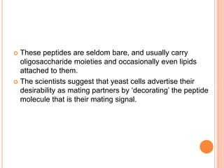 These peptides are seldom bare, and usually carry
oligosaccharide moieties and occasionally even lipids
attached to them.
 The scientists suggest that yeast cells advertise their
desirability as mating partners by ‘decorating’ the peptide
molecule that is their mating signal.


 