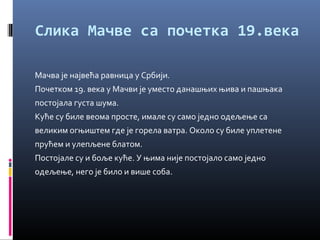 Слика Мачве са почетка 19.века 
Мачва је највећа равница у Србији. 
Почетком 19. века у Мачви је уместо данашњих њива и пашњака 
постојала густа шума. 
Куће су биле веома просте, имале су само једно одељење са 
великим огњиштем где је горела ватра. Около су биле уплетене 
прућем и улепљене блатом. 
Постојале су и боље куће. У њима није постојало само једно 
одељење, него је било и више соба. 
 