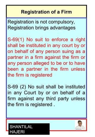 8
Registration of a Firm
Registration is not compulsory,
Registration brings advantages
S-69(1) No suit to enforce a right
shall be instituted in any court by or
on behalf of any person suing as a
partner in a firm against the firm or
any person alleged to be or to have
been a partner in the firm unless
the firm is registered
S-69 (2) No suit shall be instituted
in any Court by or on behalf of a
firm against any third party unless
the firm is registered .
SHANTILAL
HAJERI
 