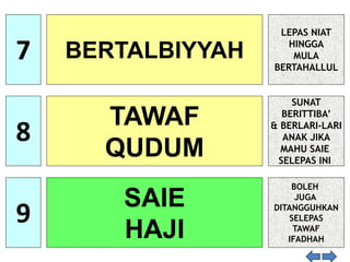 7 BERTALBIYYAH
8
TAWAF
QUDUM
9
SAIE
HAJI
LEPAS NIAT
HINGGA
MULA
BERTAHALLUL
SUNAT
BERITTIBA’
& BERLARI-LARI
ANAK JIKA
MAHU SAIE
SELEPAS INI
BOLEH
JUGA
DITANGGUHKAN
SELEPAS
TAWAF
IFADHAH
 