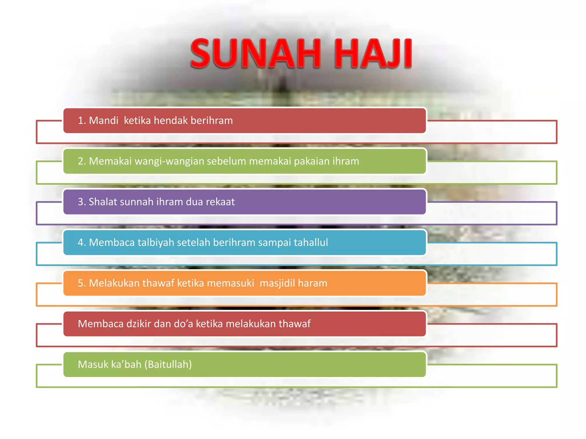 1. Mandi ketika hendak berihram
2. Memakai wangi-wangian sebelum memakai pakaian ihram
3. Shalat sunnah ihram dua rekaat
4. Membaca talbiyah setelah berihram sampai tahallul
5. Melakukan thawaf ketika memasuki masjidil haram
Membaca dzikir dan do’a ketika melakukan thawaf
Masuk ka’bah (Baitullah)
 