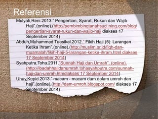 Referensi
Mulyati,Reni.2013.” Pengertian, Syarat, Rukun dan Wajib
Haji”.(online).(http://pembimbingtanahsuci.ning.com/blog/
pengertian-syarat-rukun-dan-wajib-haji diakses 17
September 2014)
Abduh,Muhammad Tuasikal.2012.” Fikih Haji (5): Larangan
Ketika Ihram”.(online).(http://muslim.or.id/fiqh-dan-
muamalah/fikih-haji-5-larangan-ketika-ihram.html diakses
17 September 2014)
Syahputra,Toha.2011.”Sunnah Haji dan Umrah”. (online).
(http://ibadahhajidanumrah.tohasyahputra.com/sunnah-
haji-dan-umrah.htmdiakses 17 September 2014)
Uhuy,Kepid.2013.” macam - macam dam dalam umroh dan
haji”.(online).(http://dam-umroh.blogspot.com/ diakses 17
September 2014)
/
19
 