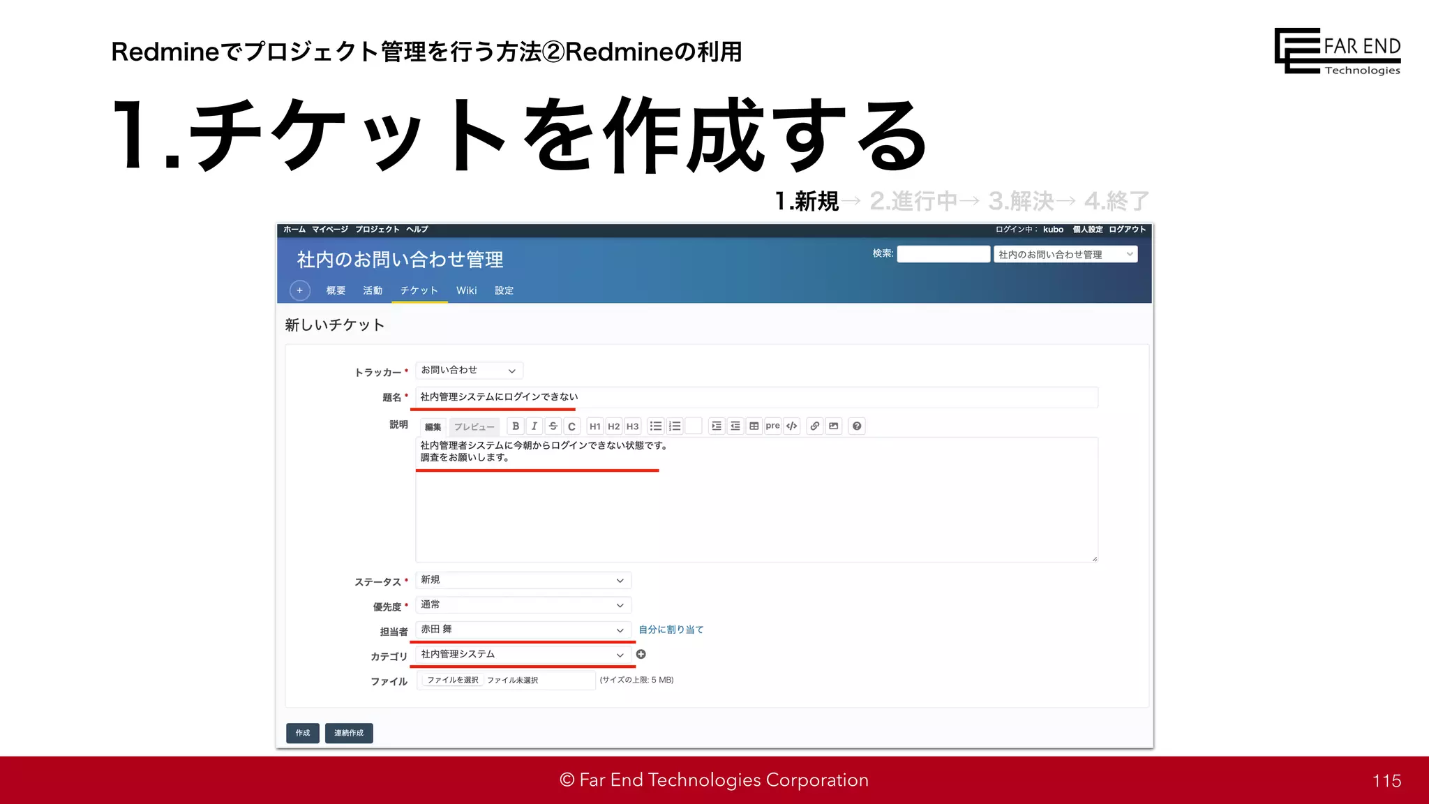 © Far End Technologies Corporation 115
Redmineでプロジェクト管理を行う方法②Redmineの利用
1.チケットを作成する
1.新規→ 2.進行中→ 3.解決→ 4.終了
 