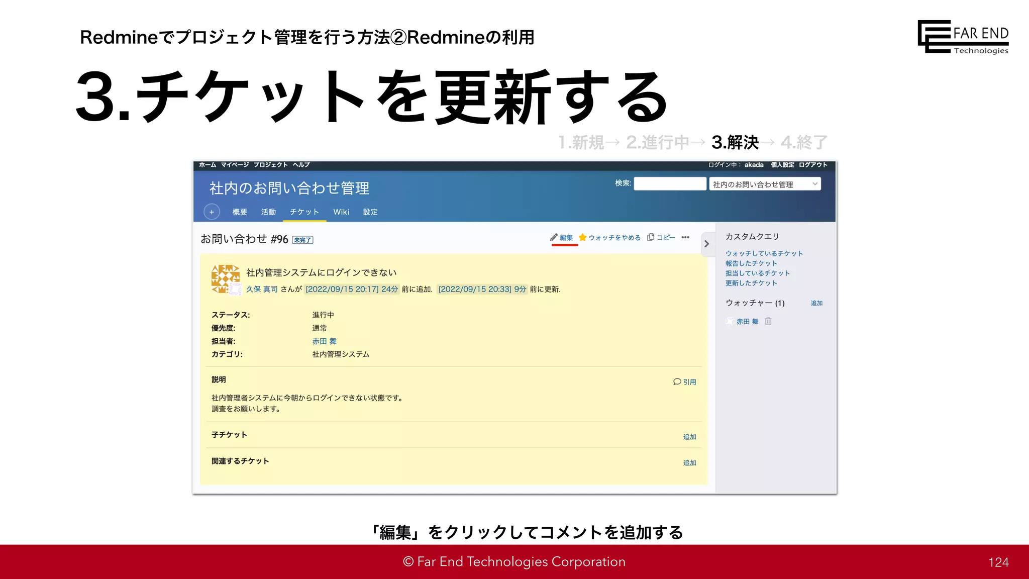 © Far End Technologies Corporation 124
「編集」をクリックしてコメントを追加する
Redmineでプロジェクト管理を行う方法②Redmineの利用
3.チケットを更新する
1.新規→ 2.進行中→ 3.解決→ 4.終了
 