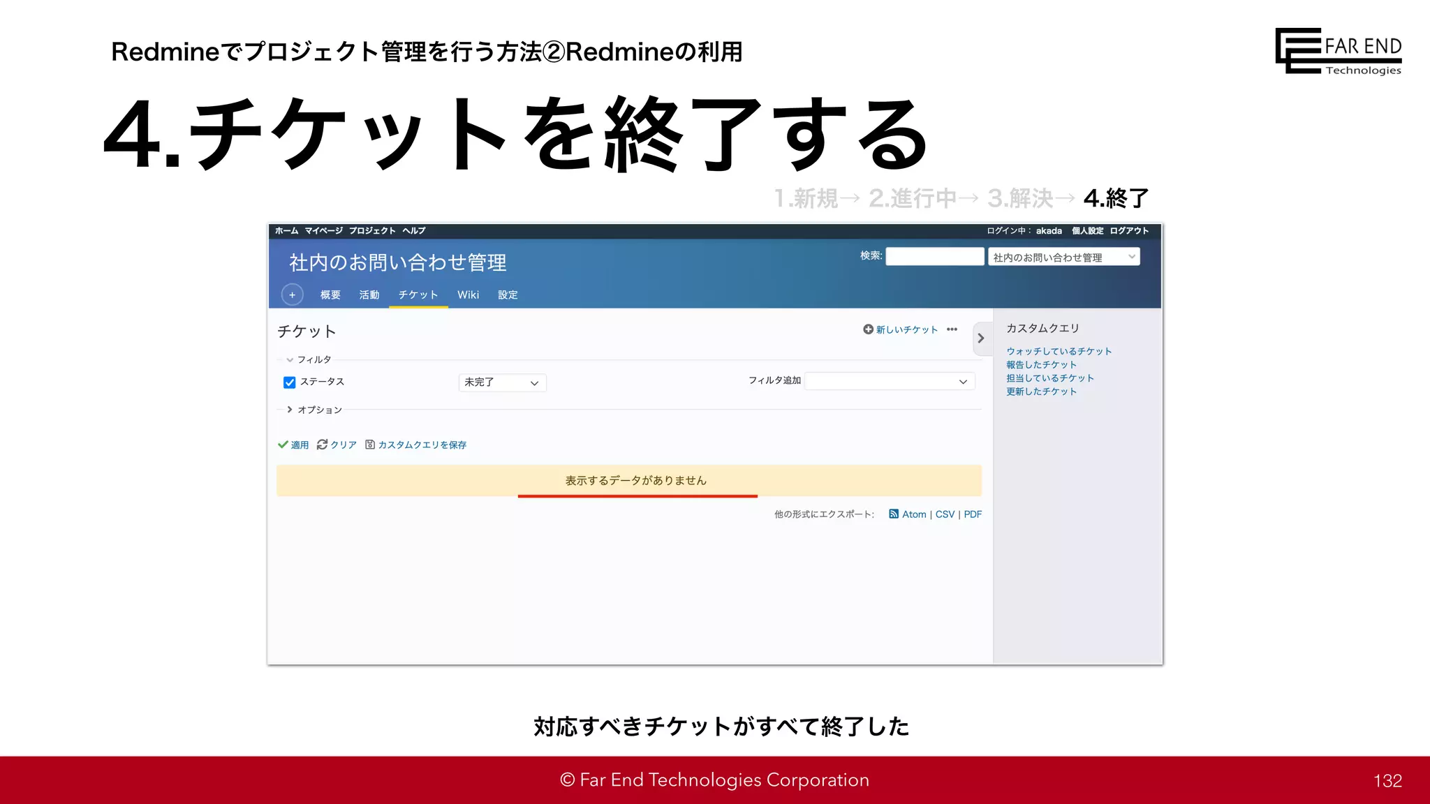 © Far End Technologies Corporation 132
対応すべきチケットがすべて終了した
Redmineでプロジェクト管理を行う方法②Redmineの利用
4.チケットを終了する
1.新規→ 2.進行中→ 3.解決→ 4.終了
 