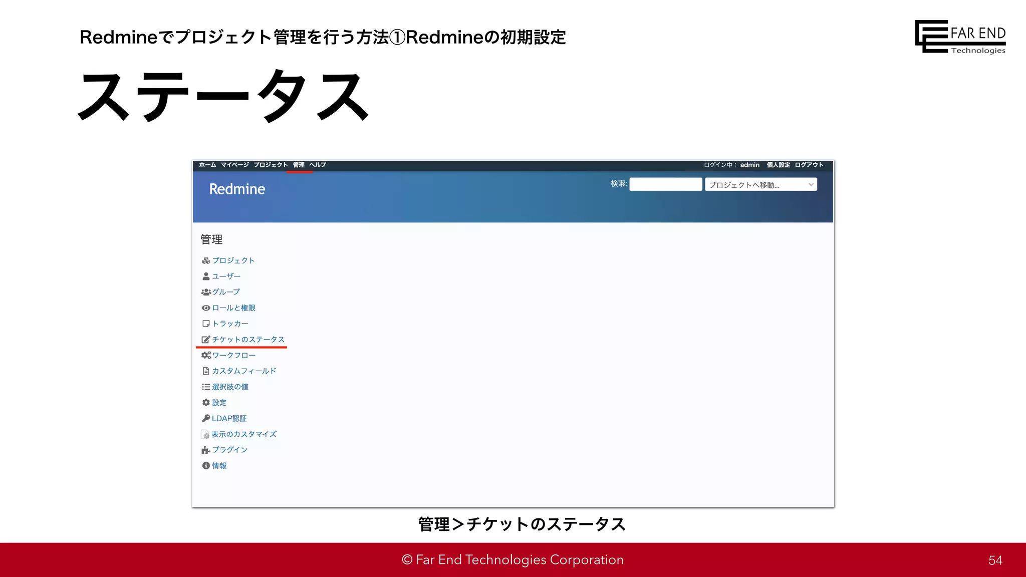© Far End Technologies Corporation
ステータス
54
Redmineでプロジェクト管理を行う方法①Redmineの初期設定
管理＞チケットのステータス
 