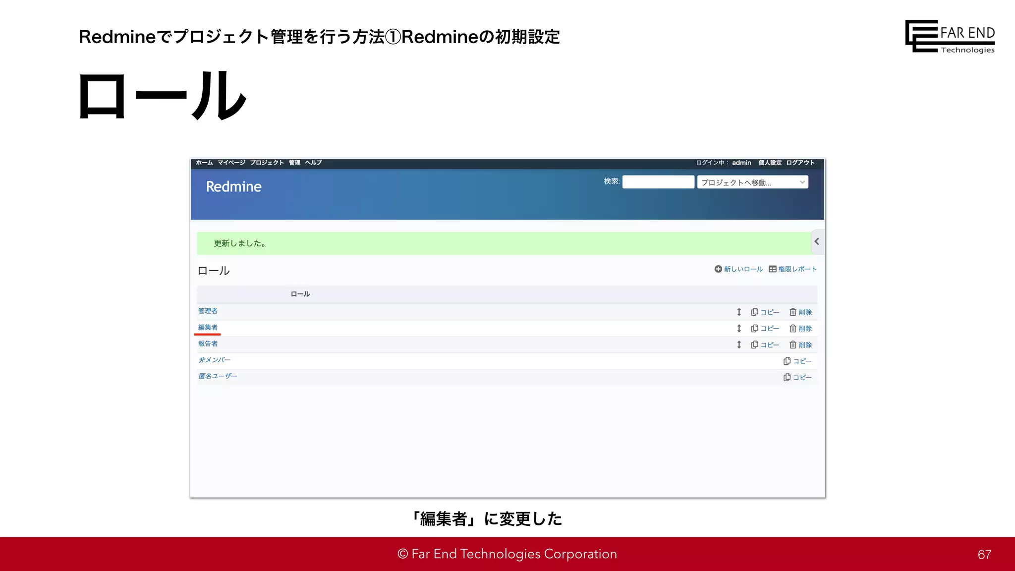 © Far End Technologies Corporation
ロール
67
Redmineでプロジェクト管理を行う方法①Redmineの初期設定
「編集者」に変更した
 