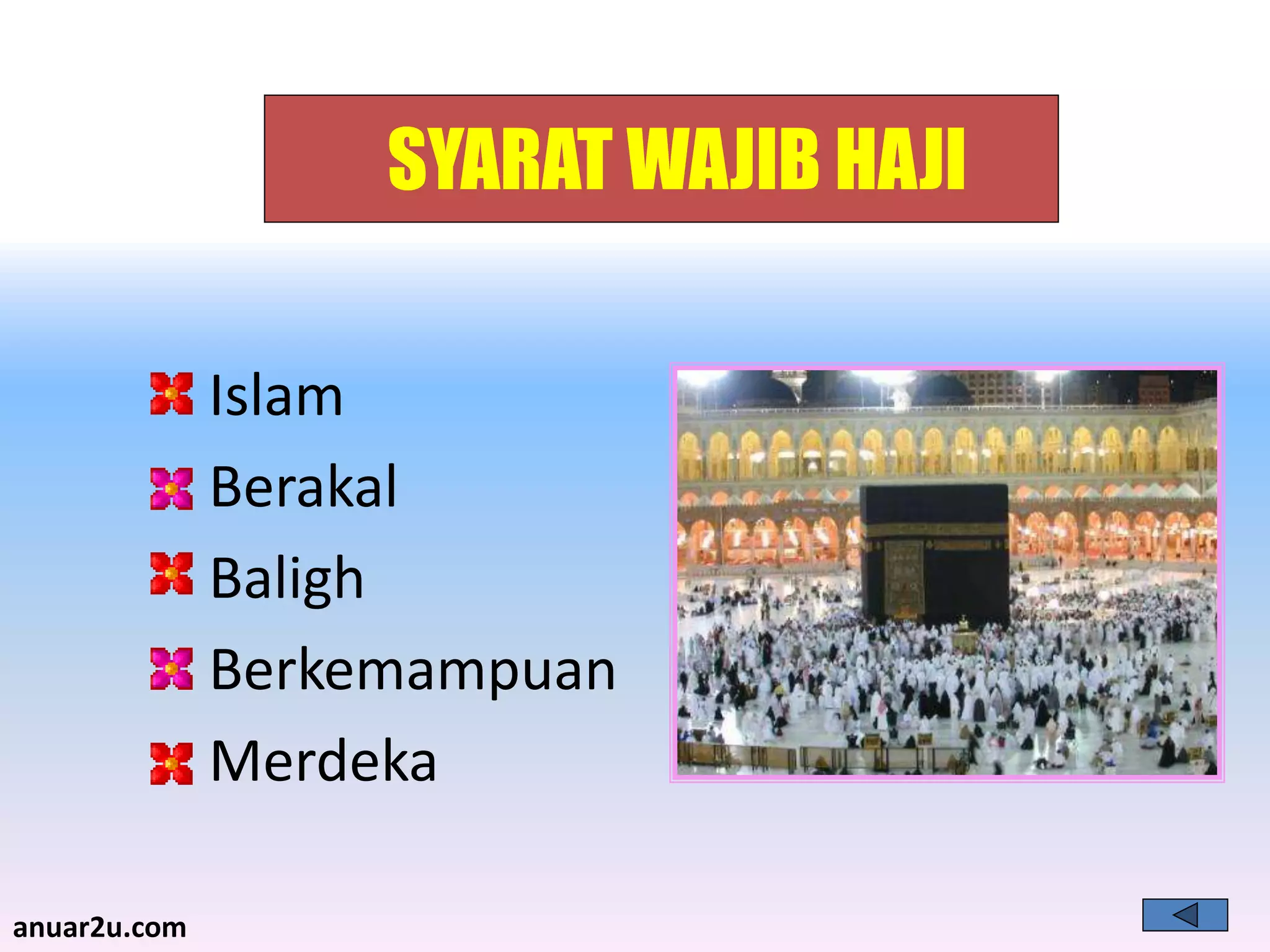 11
SYARAT WAJIB HAJI
Islam
Berakal
Baligh
Berkemampuan
Merdeka
anuar2u.com
 