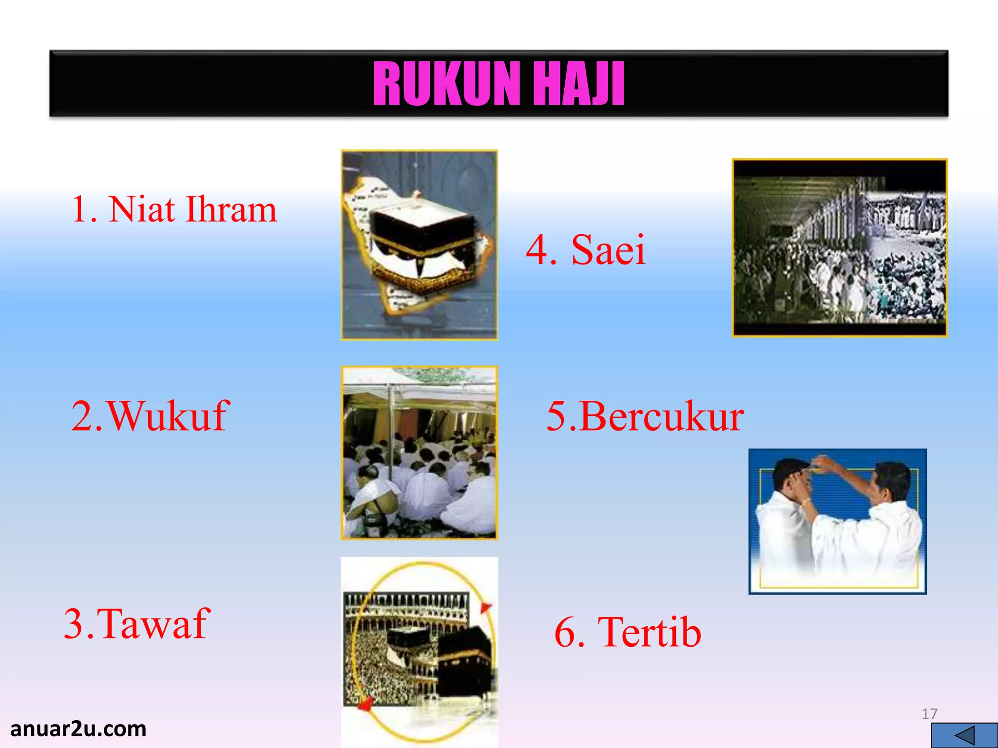 17
RUKUN HAJI
1. Niat Ihram
2.Wukuf
3.Tawaf
4. Saei
5.Bercukur
6. Tertib
anuar2u.com
 
