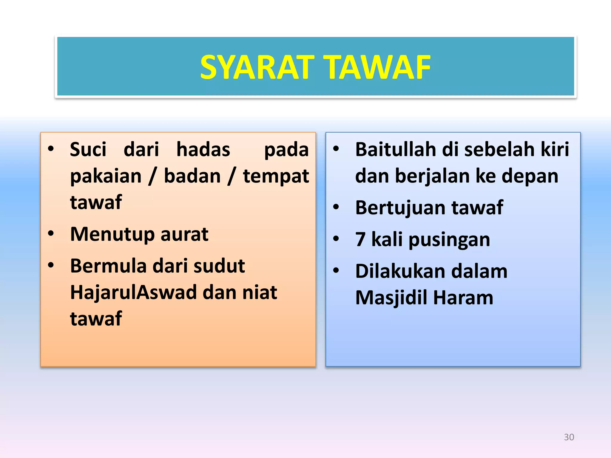 30
SYARAT TAWAF
• Suci dari hadas pada
pakaian / badan / tempat
tawaf
• Menutup aurat
• Bermula dari sudut
HajarulAswad dan niat
tawaf
• Baitullah di sebelah kiri
dan berjalan ke depan
• Bertujuan tawaf
• 7 kali pusingan
• Dilakukan dalam
Masjidil Haram
 