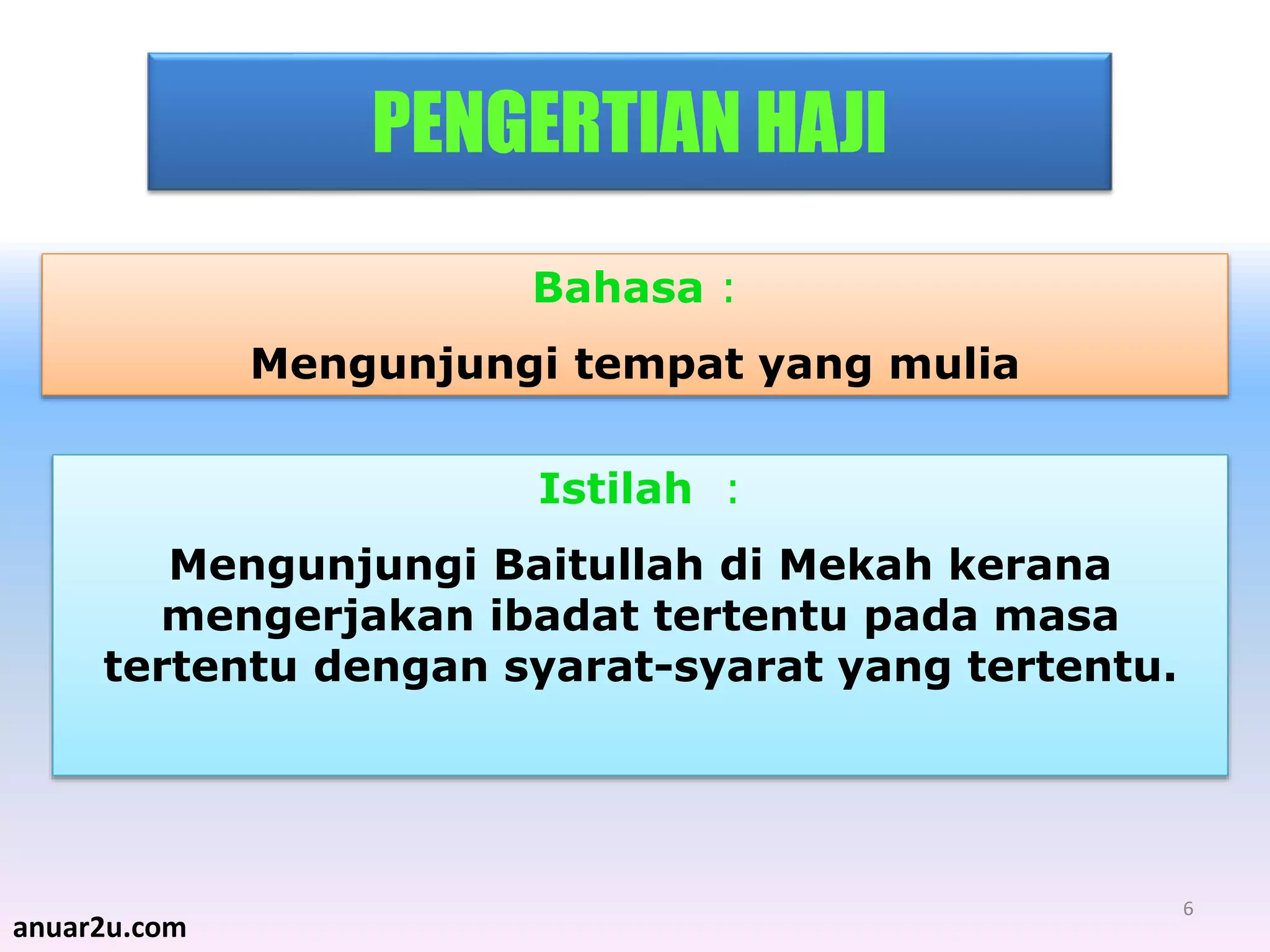 6
PENGERTIAN HAJI
Bahasa :
Mengunjungi tempat yang mulia
Istilah :
Mengunjungi Baitullah di Mekah kerana
mengerjakan ibadat tertentu pada masa
tertentu dengan syarat-syarat yang tertentu.
anuar2u.com
 
