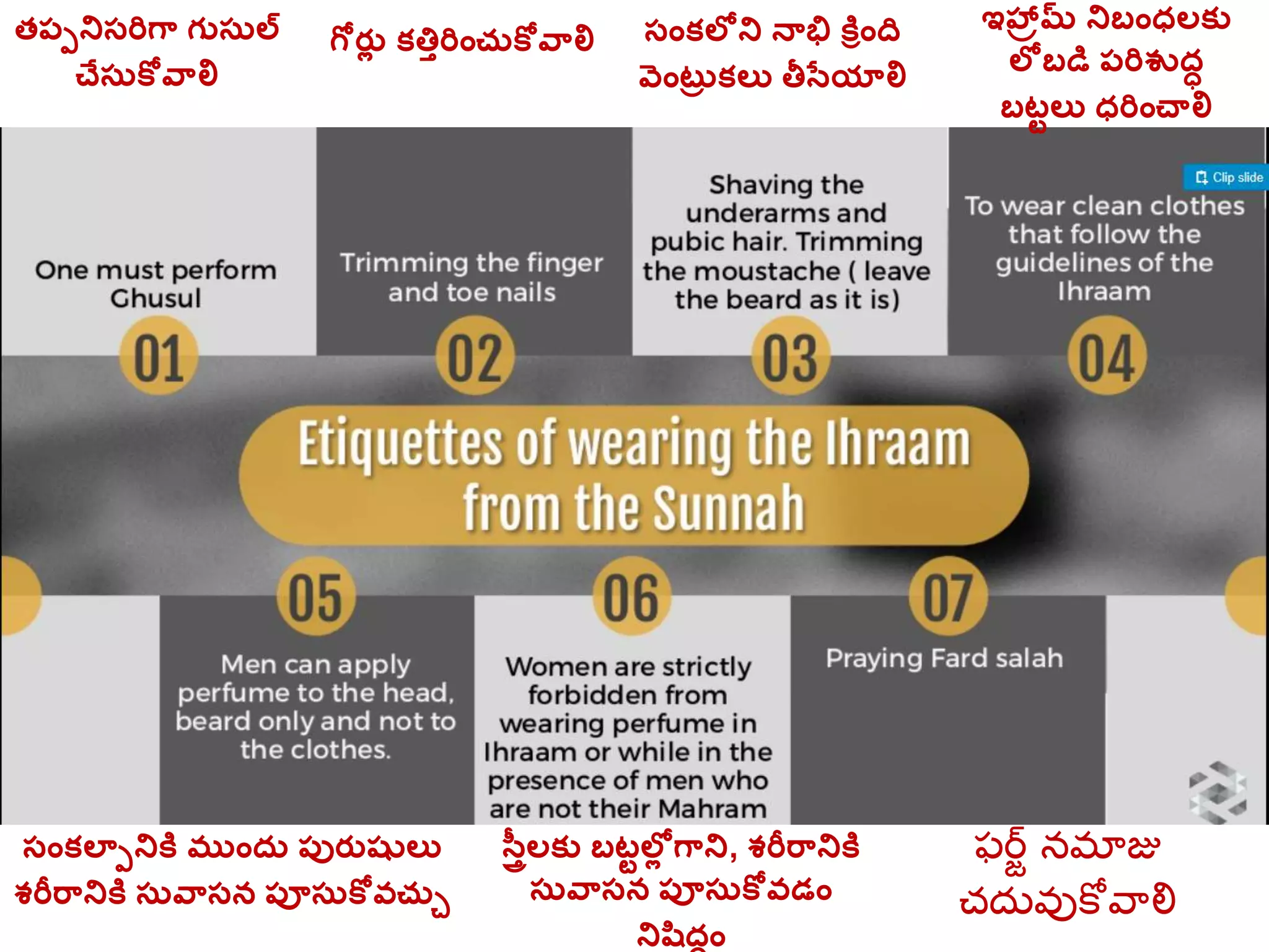 తప్పనిస్రిగ్ గుస్రల
చేస్రకోవ్లి
గోరతల క్త్తతరిాంచరకోవ్లి స్ాంక్లలని నాభి కిరాంద
వెాంటరు క్లు తీసతయాలి
ఇహ్రమ నిబాంధలక్ు
లలబడి ప్రిశుదధ
బటటలు ధరిాంచాలి
ఫర్జ్్‌నమాజు్‌
చదువుకోవాలి్‌
సవతీలక్ు బటటలలల గ్ని, శరీర్నికి
స్రవ్స్న ప్ూస్రకోవడాం
నిషిదధాం
స్ాంక్లాపనికి ముాందర ప్ురతషులు
శరీర్నికి స్రవ్స్న ప్ూస్రకోవచరు
 